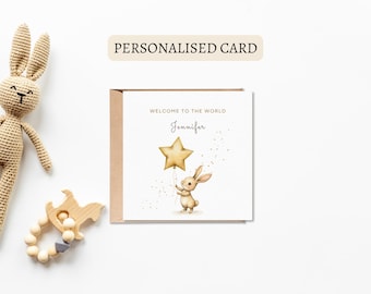 Personalised printable new baby card, Baby announcement card, Cute bunny with star-shaped balloon, Welcome to the world, Birth announcement