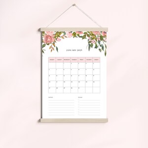 Printable calendar 2024 with pink flowers in watercolor style, digital calendar, wall calendar