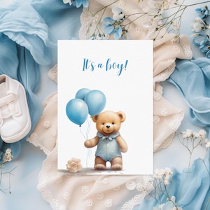 Carte imprimable pour nouveau-né, "c'est un garçon", ours mignon avec des ballons, faire-part de naissance