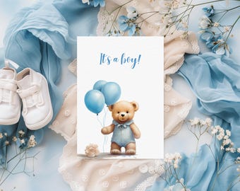 Printable it&#39;s a boy card, baby boy, cute bear with balloons, newborn, new baby card