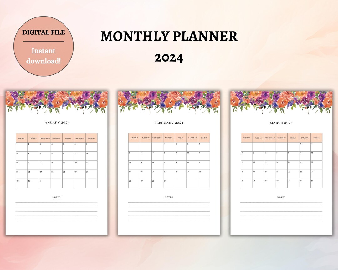 Printable Monthly Planner 2024 With Watercolor Flowers - Etsy