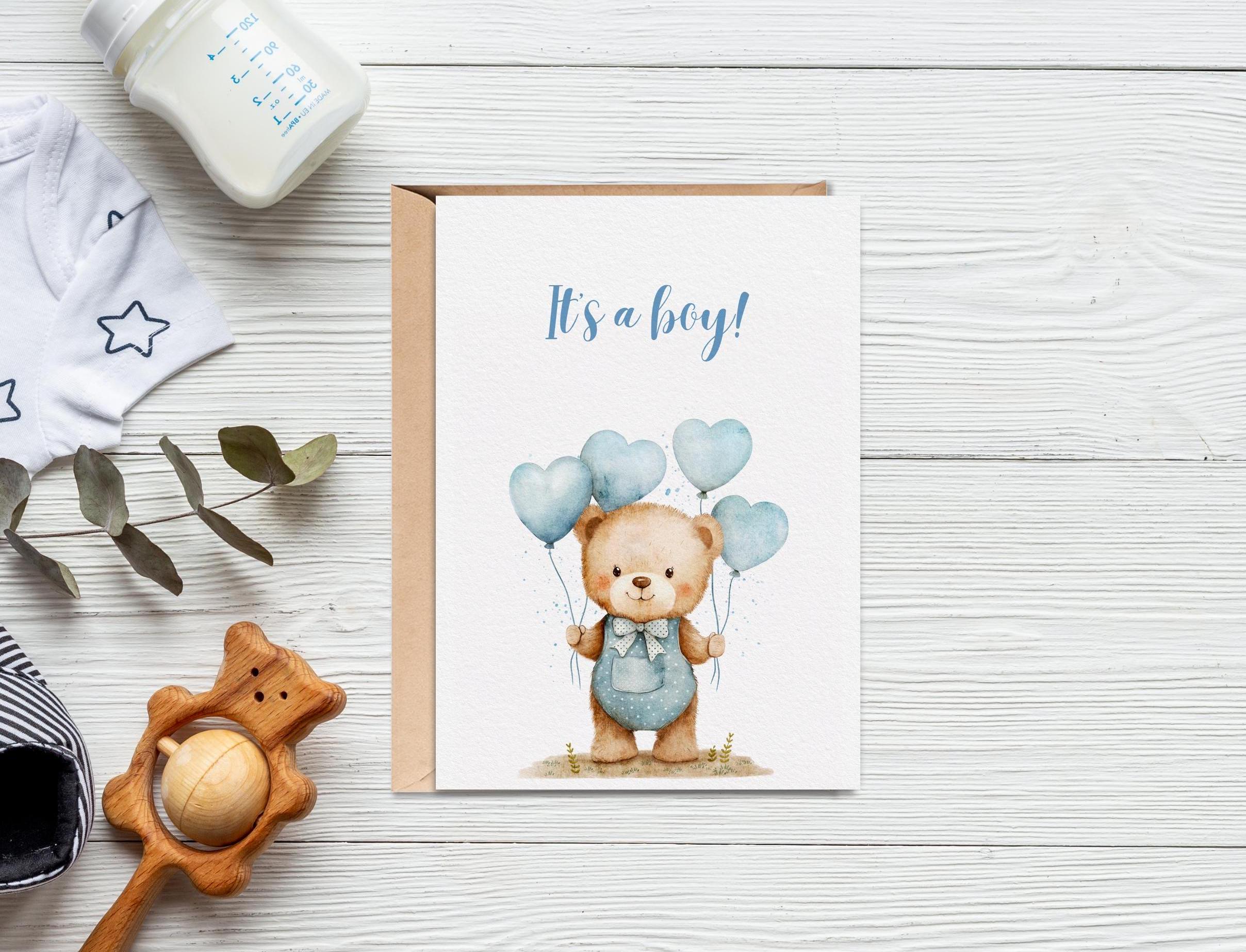 Printable it's a boy card, baby boy, cute bear with balloons, newborn, new baby card