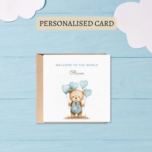 Carte de naissance imprimable personnalisée, annonce de naissance, ours mignon avec des ballons bleus, bienvenue au monde
