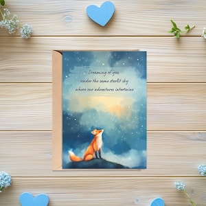 Carte imprimable avec renard sous un ciel étoilé, carte d'amour, romantique