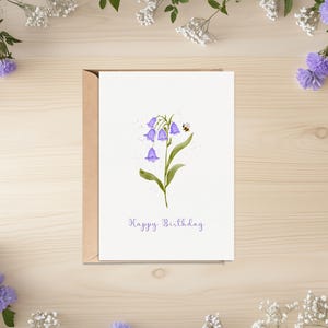 Printable birthday card with bluebells and bee, Watercolor style, Flowers, Digital birthday card, Floral birthday card, Hand-drawn
