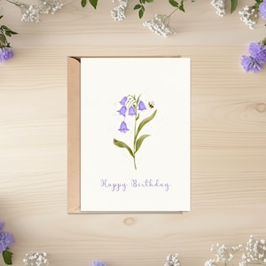 Printable birthday card with bluebells and bee, Watercolor style, Flowers, Digital birthday card, Floral birthday card, Hand-drawn
