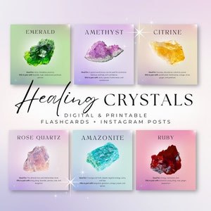 Healing Crystals Gemstones Printable Cards, Digital Flashcards, Instagram Posts, Healing Stones Cheat Sheet