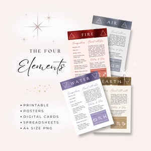 May include: Four printable cards with a red, purple, blue, and brown background. Each card features a different element: fire, water, air, and earth. The cards include the element's corresponding astrological signs, colors, crystals, metals, and virtues. The text on the cards reads "The Four Elements".