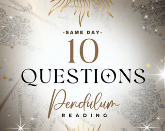 May include: A white background with gold stars and suns. The text "SAME DAY - 10 QUESTIONS Pendulum READING" is in black.