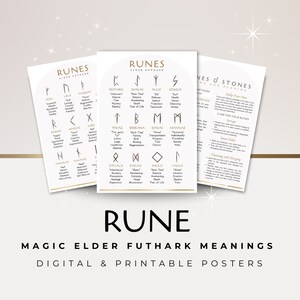 May include: Two printable posters with black and gold text and symbols. The posters are titled "Runes: Elder Futhark" and "Runes & Stones: Meaning and Reading". The posters feature the runes of the Elder Futhark, a set of 24 ancient Germanic letters, with their meanings and symbols.