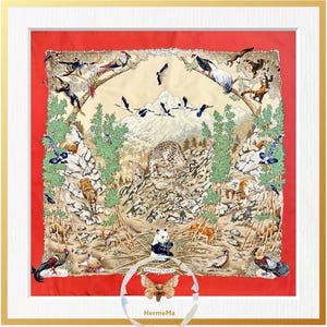 Hermès Sichuan Scarf – Vintage 1995 Silk Carre 90cm | Robert Dallet | Chinese Wildlife Design | Rare Collectible Gift | Red Beige
