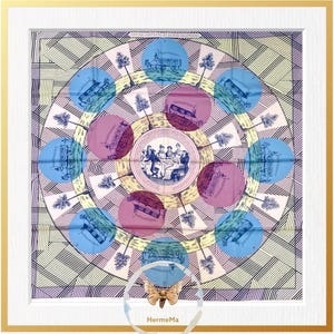 Hermès Jeu des Omnibus et Dames Blanches Scarf – Vintage Silk Carre 90cm | Hugo Grygkar | 1937 First Design Reissue | Rare Collectible Lilac