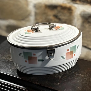 Vintage Biscuit Barrel Or Cookie Jar Art Deco WMF 1930s Oval Lidded Pot, White Glaze With Geometric Coloured Design Please Read Description