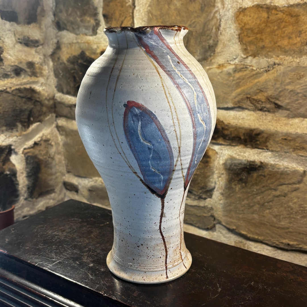 Vintage Studio Pottery Vase, Hand Thrown Stoneware With Blue Leaf ...