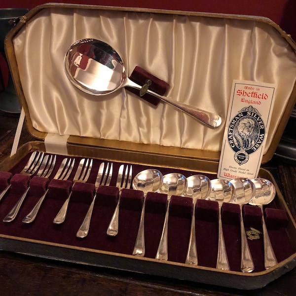 Vintage 1950s Sheffield Silver EPNS Dessert Serving Set In Original Case