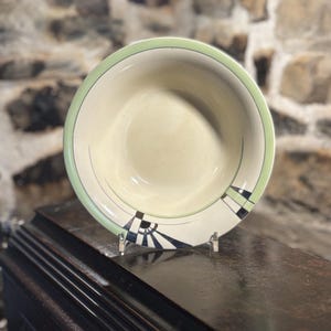 Vintage Art Deco-skål av Myott, mönster #MH8252 Grönt band med silver- och svart abstrakt design på krämfärgad bas för retro- eller traditionellt hem