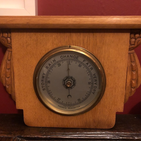 1940s Art Deco Carved Beech Case Aneroid Barometer English Made