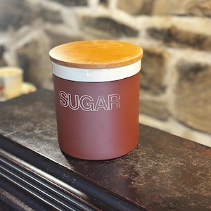 Vintage Sugar Storage Jar Hornsea Pottery Cinnamon Pattern Mid Century Ceramic  In Red & White, With Wooden Lid