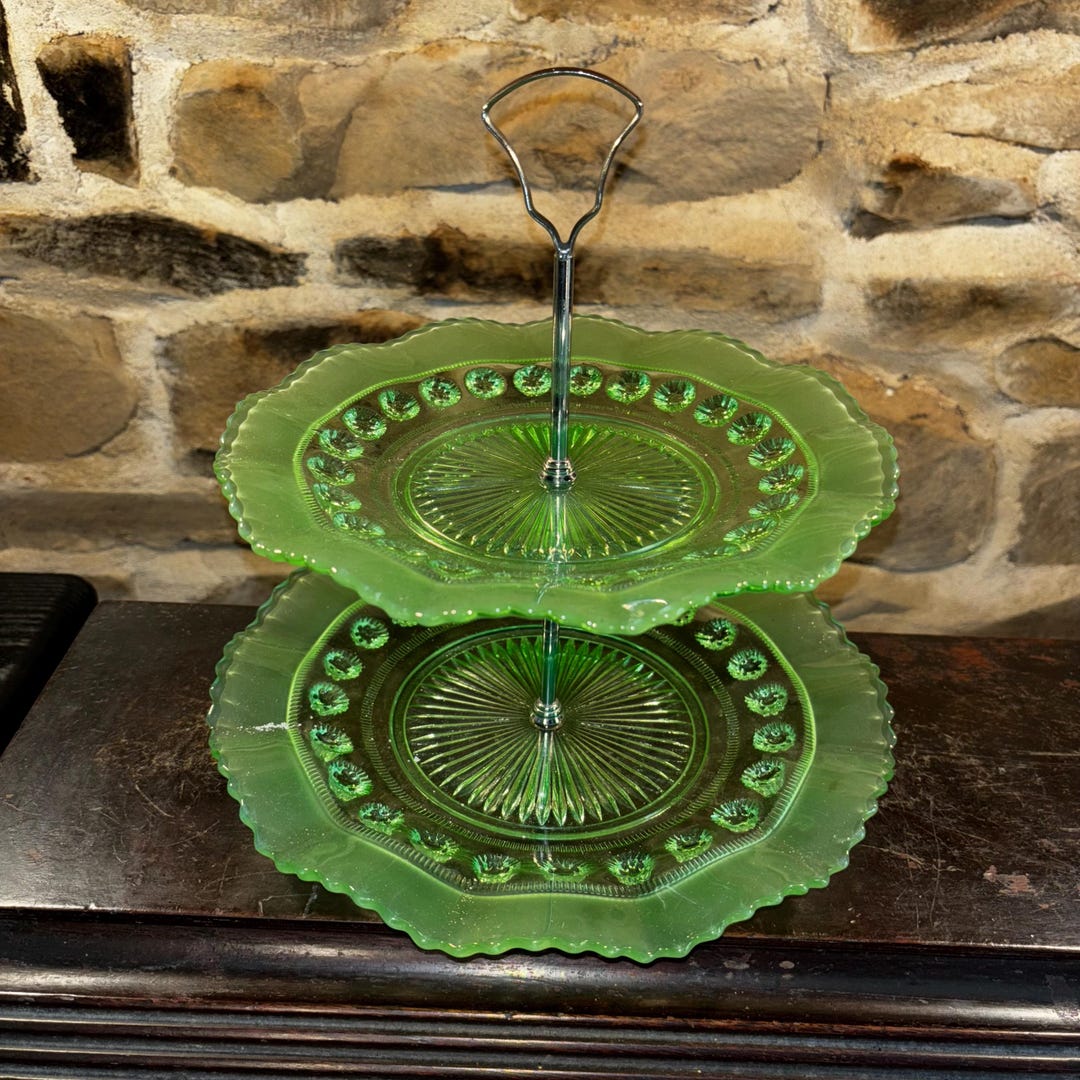 Prunt Art Deco Green Glass 2 Tier Cake Stand, Blackberry Prunt Pattern by ...