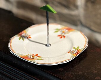 Vintage Art Deco Cake Plate By Crownford Of Burslem Hand Painted Orange And Green Abstract Floral Design With Original Green Bakelite Handle