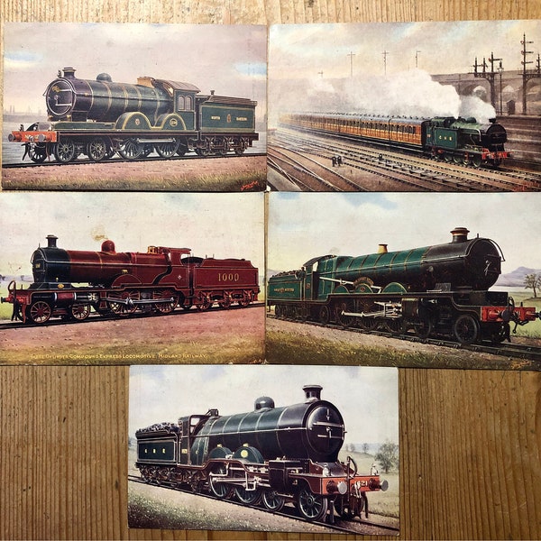 Cinq cartes postales de locomotives ferroviaires des années 1920