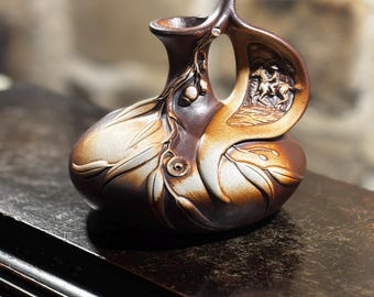Vintage Australian pottery vase by Swagman hand decorated brown with beautiful floral and stockman on horse design, modern art nouveau