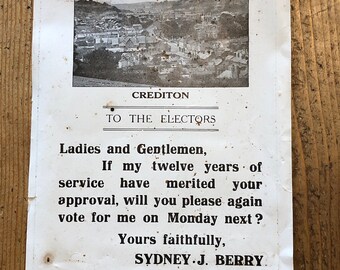 Antique 1937 Crediton Devon Election Politics Flyer