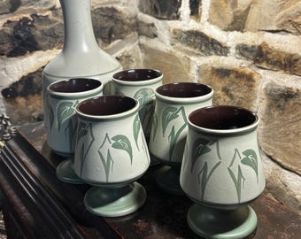 Vintage Carafe And Five Goblets By Cinque Ports Studio Pottery In Handpainted Green Leaf Floral Design