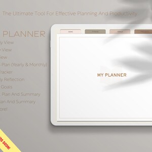 May include: A white digital planner with tabs labelled "Home", "Fitness", "Goals", and "Projects". The planner has a monthly calendar view and includes features such as monthly reflection, career goals, and project planning. The text "MY PLANNER" appears twice on the planner.