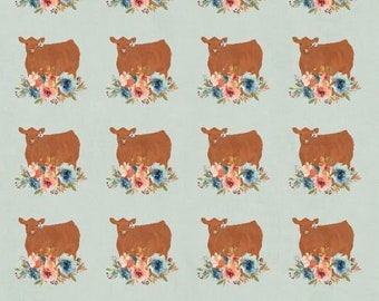 Red Angus with Coral & Blue Floral Minky Blanket - 50" x 60"