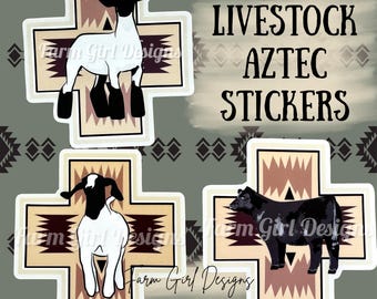 Livestock Neutral Aztec Stickers | Black Headed Show Goat | Angus Steer | Show Lamb