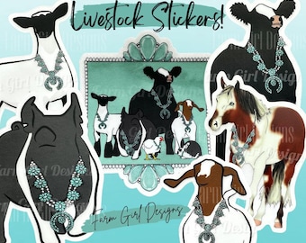Puede incluir: Una colección de pegatinas de ganado que presenta una vaca, un cerdo, un caballo, una cabra, un cordero y un conejo, cada uno adornado con un collar turquesa y plateado. Las pegatinas tienen un fondo turquesa con el texto "Livestock Stickers!" y "Farm Girl Designs".