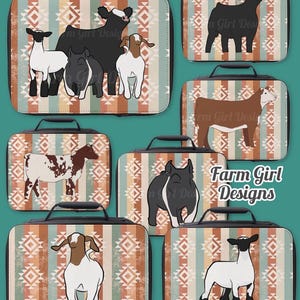 May include: A collection of lunch bags with a Southwestern-inspired design. Each bag features a different farm animal illustration, including a cow, sheep, and goat. The bags have a handle and a zipper closure. The text "Farm Girl Designs" is visible.