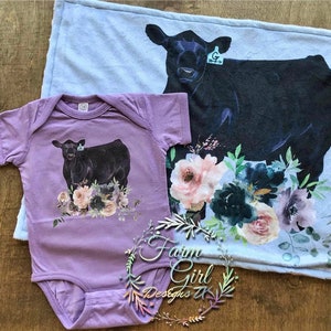 Angus Cow lavender floral infant bodysuit & Minky Lovey
