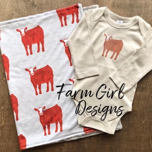 Red Baldy Cow infant bodysuit & minky lovey