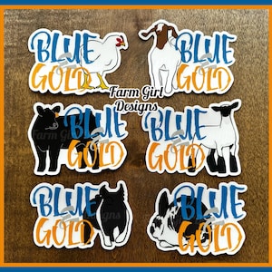 May include: Six different blue and gold stickers with various farm animals. The stickers say "Blue Gold" with a silhouette of a pig, goat, chicken, cow, lamb, and a horse.