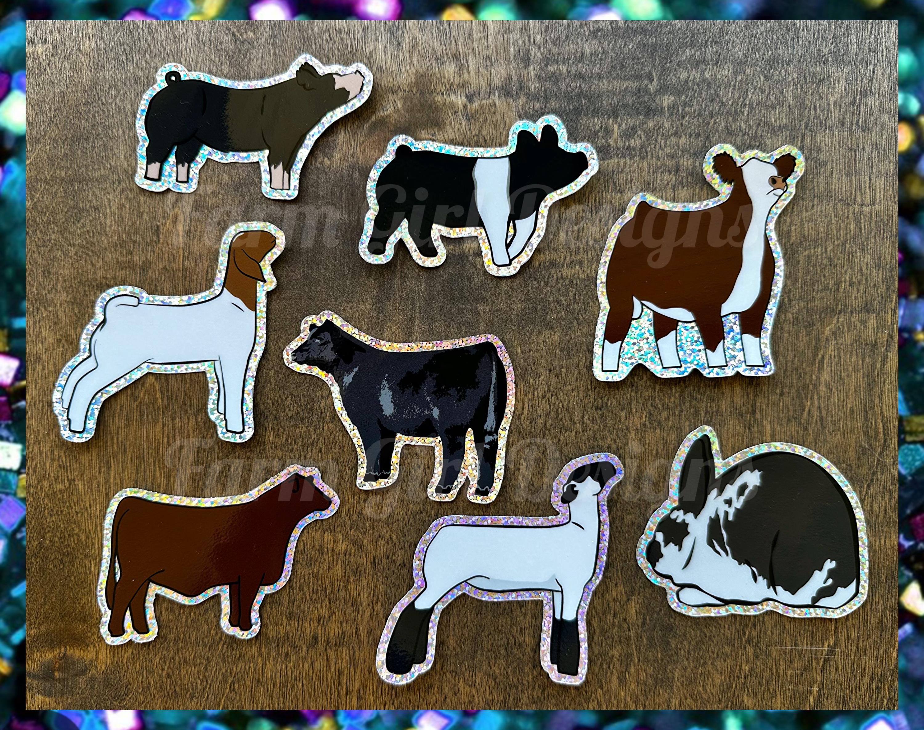 Glitter Stock Show Stickers!  Angus Steer | Hereford Heifer | Lamb | Goat | Hampshire Pig | Berkshire Pig | Rabbit | Brangus