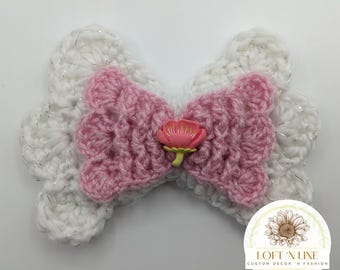 Crochet White and Pink Hair Bow with Flower Center