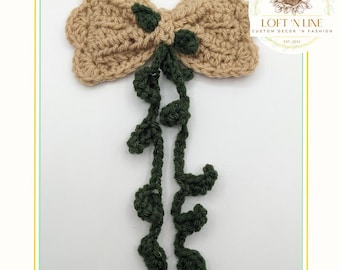 Crochet Tan Hair Bow with Dangly Vines