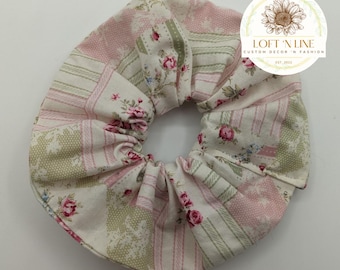 Floral and Striped Pink and Green Hair Scrunchie
