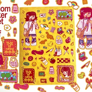 Puede incluir: Una hoja de pegatinas amarilla con varias pegatinas coloridas, incluyendo personajes de dibujos animados, comida y otros diseños divertidos. El texto "random sticker sheet of stuff :)" está en la parte superior de la hoja.