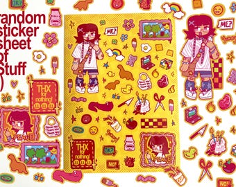 May include: A yellow sticker sheet with various colorful stickers, including cartoon characters, food, and other fun designs. The text "random sticker sheet of stuff :)" is at the top of the sheet.