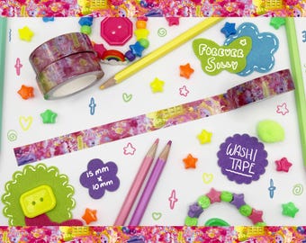 May include: A colorful washi tape with a pink, yellow, and blue abstract design. The tape is 15 mm x 10 mm and is shown with other craft supplies, including pencils, felt shapes, and beads.