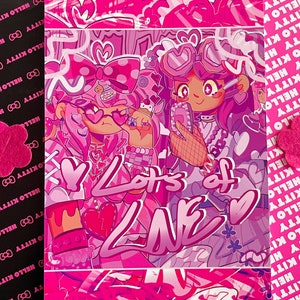 May include: Two cartoon characters with pink hair and pink clothing are holding up a pink heart with the text "Lots of Love" on it. The background is a pink and white pattern.