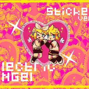 May include: A pink heart-shaped sticker with two anime characters inside. The characters are holding hands and have yellow hair. The sticker has a glittery border and the text "ELECTRIC ANGEL" and "STICKER VER." is printed below the heart.
