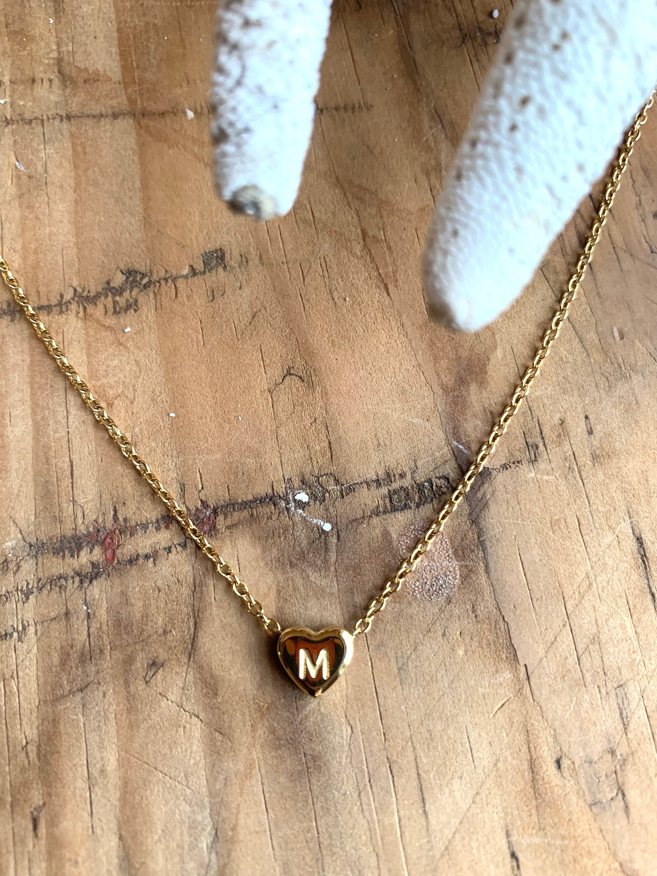 Letter M, Initial M, Tiny Heart Initial Necklace, 18K Gold
