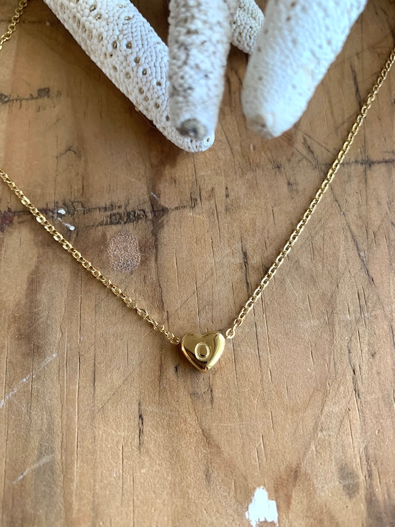 Letter O, Initial O, Tiny Heart Initial Necklace, 18K Gold