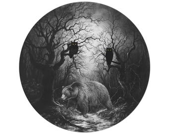 Bear and Owl in Moonlit Forest Round Rug