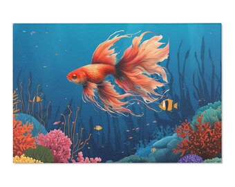Dywan z ilustracją pomarańczowej złotej rybki | Podwodna scena koralowa