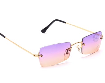 Sonnenbrille Randlos Gold  Lila Rosa Verlauf mit Strass Herz feminin Damen Style cute Raver Mode 5200